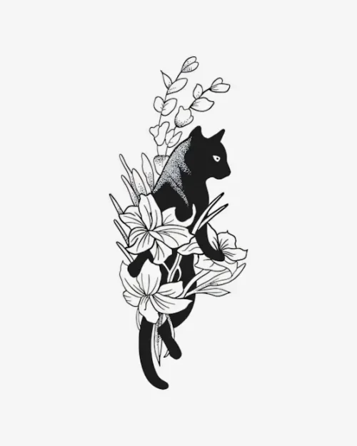 Floral Feline Serenity - Semi-Permanent Tattoos